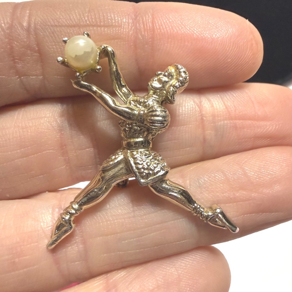Vintage Gold Tone Ballerina Brooch Faux Pearl Figural Dance Pin 1.5 Inch